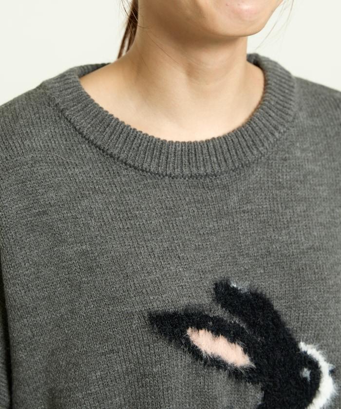 長絨絨刺繡兔子圖案針織衫