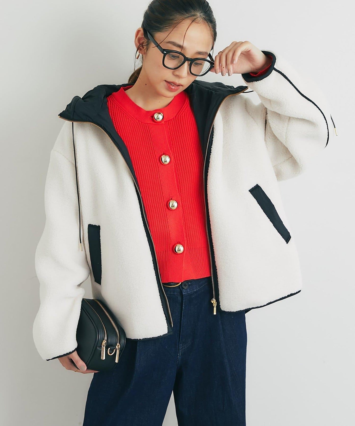 配色連帽羊羔絨大衣