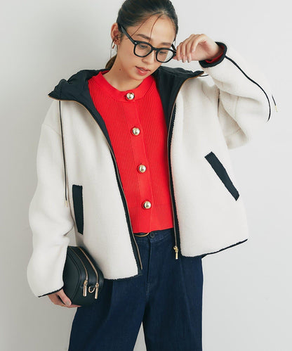 配色連帽羊羔絨大衣