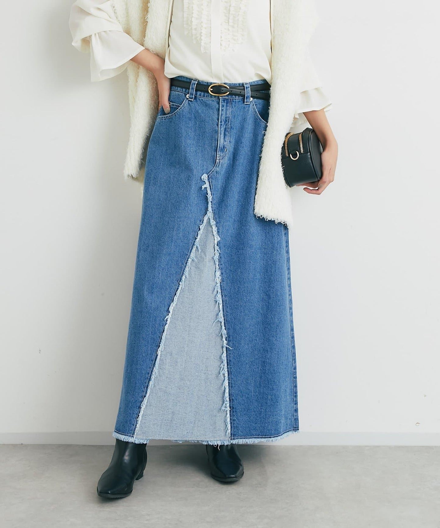 流蘇拼接牛仔喇叭裙