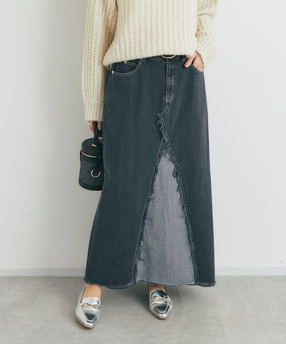 流蘇拼接牛仔喇叭裙