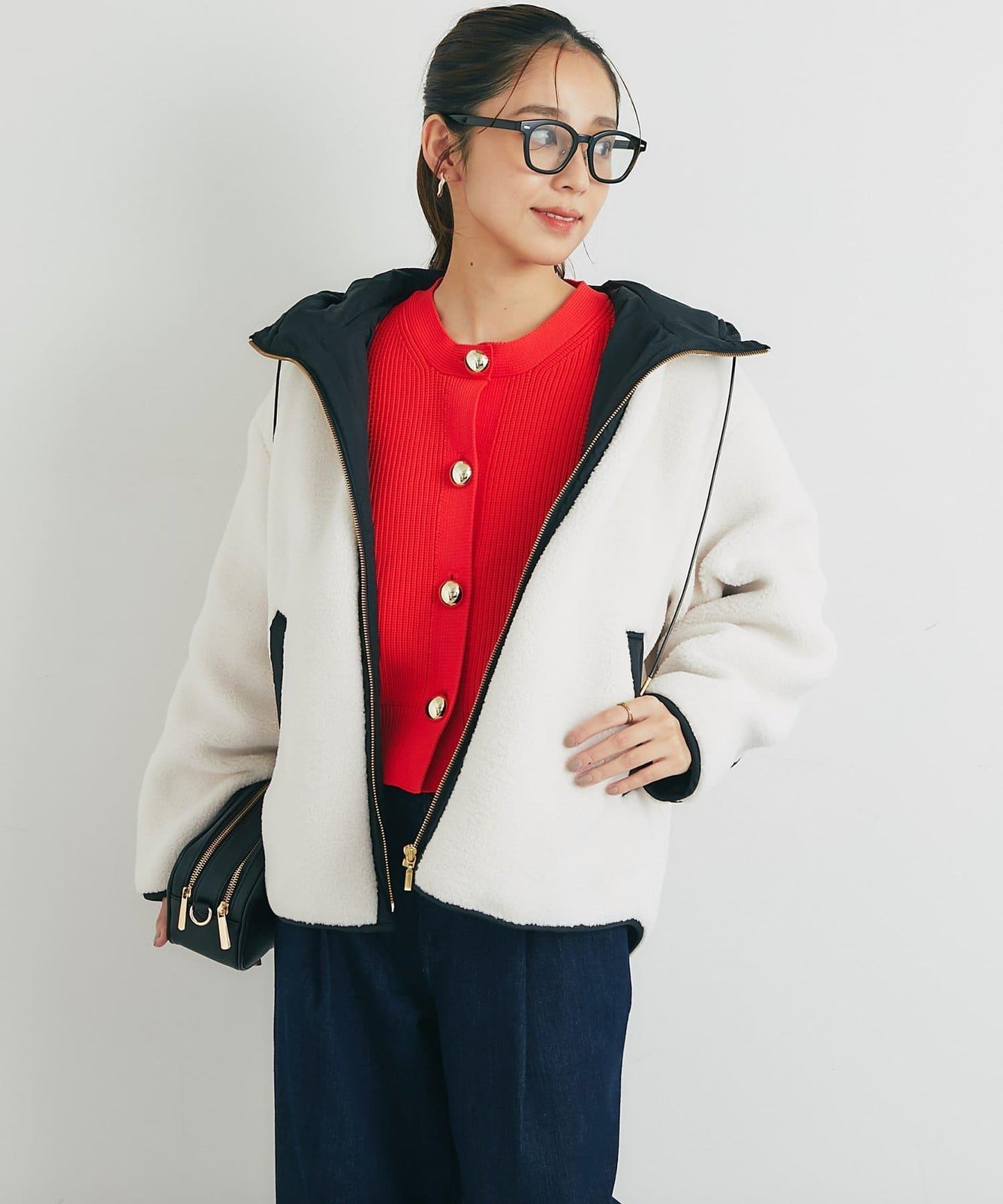 配色連帽羊羔絨大衣