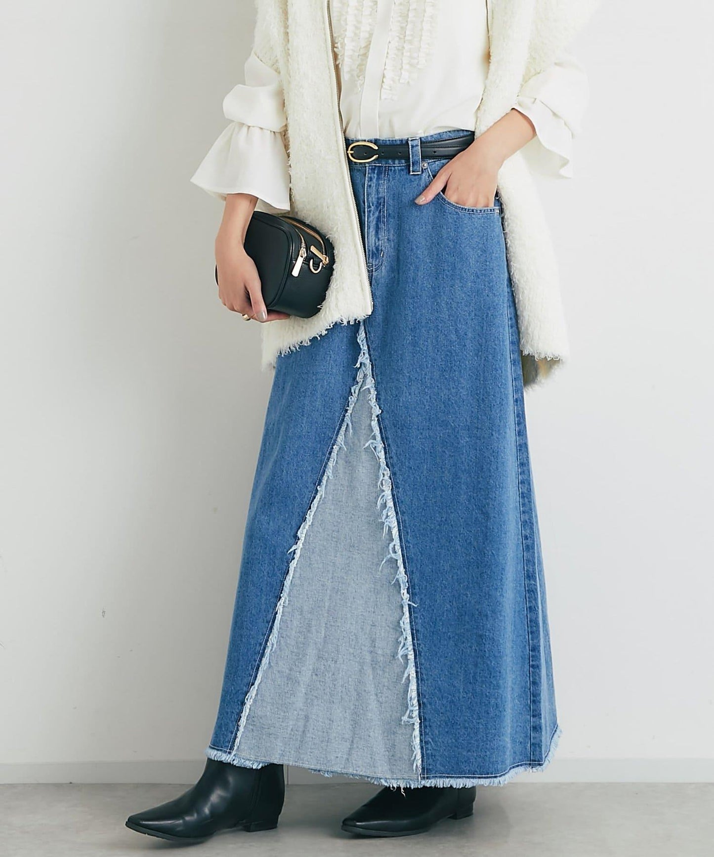 流蘇拼接牛仔喇叭裙
