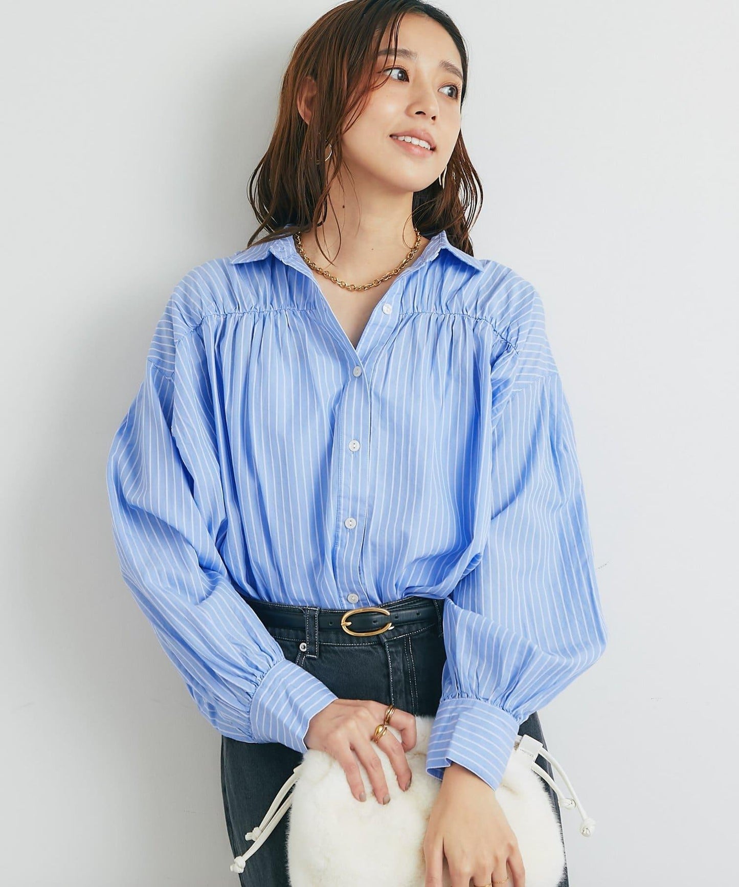 日常百搭褶皺條紋襯衫
