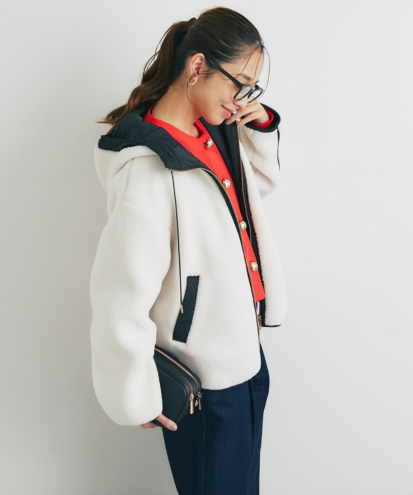 配色連帽羊羔絨大衣