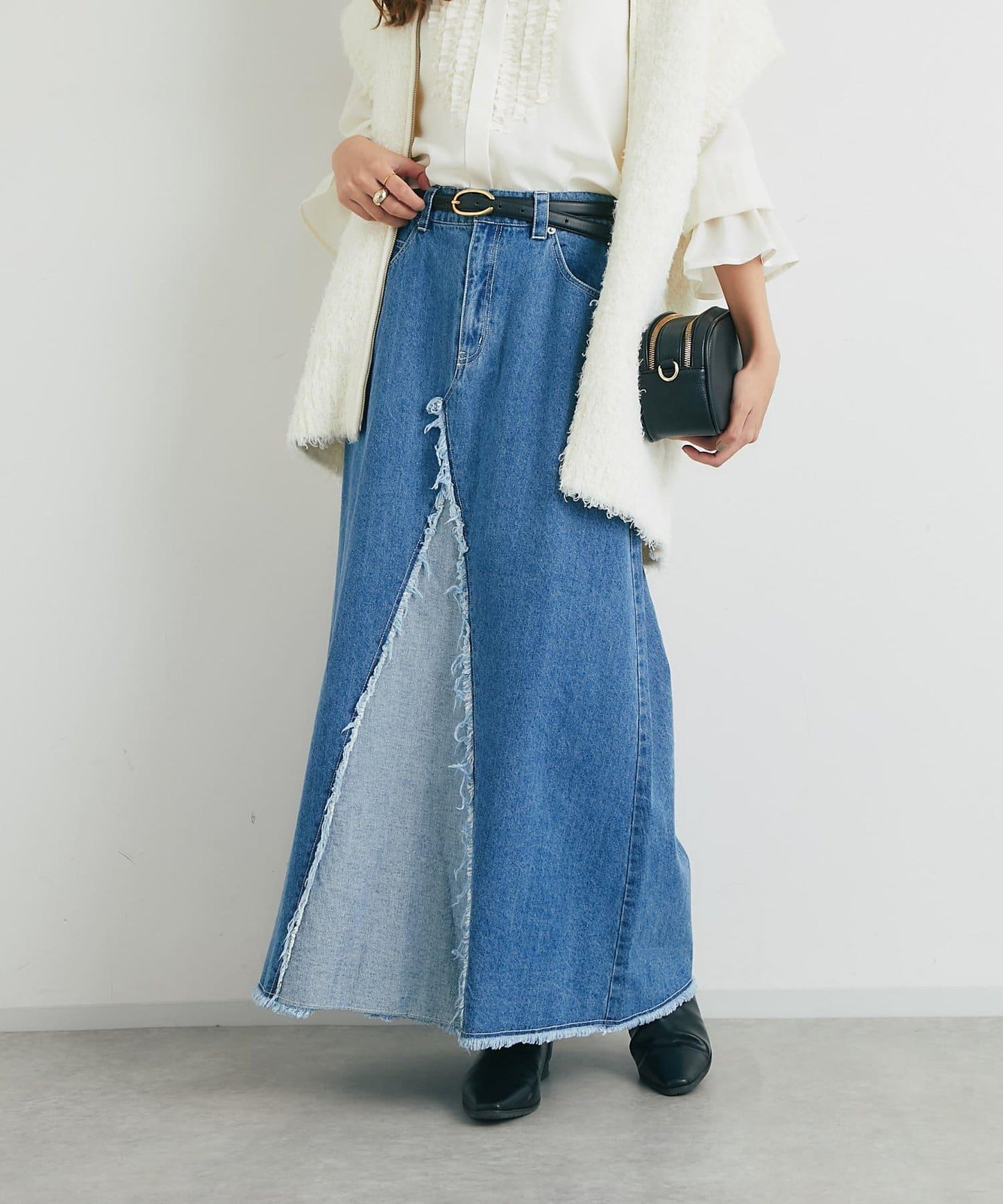 流蘇拼接牛仔喇叭裙
