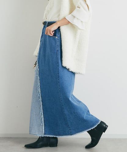 流蘇拼接牛仔喇叭裙