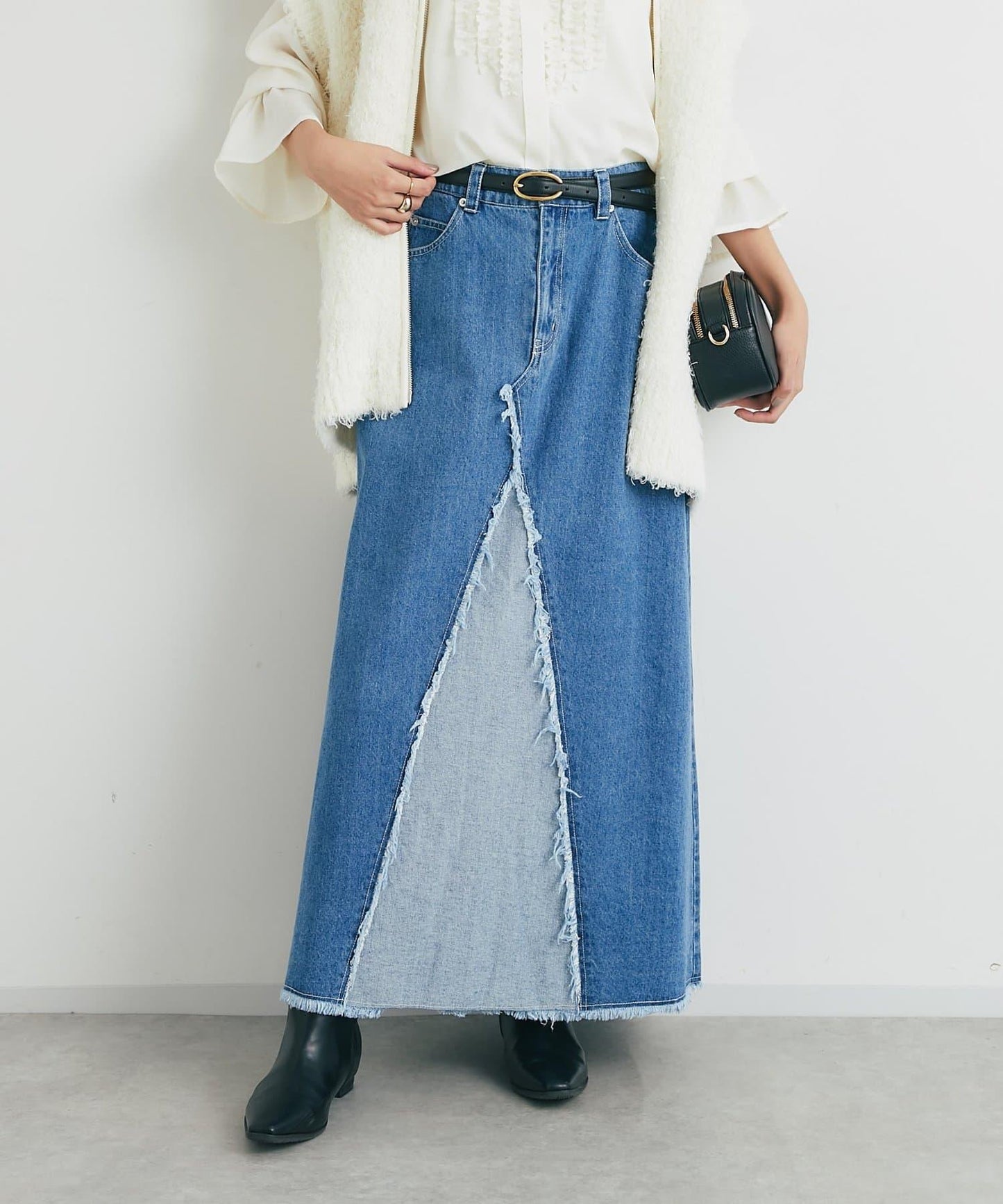 流蘇拼接牛仔喇叭裙