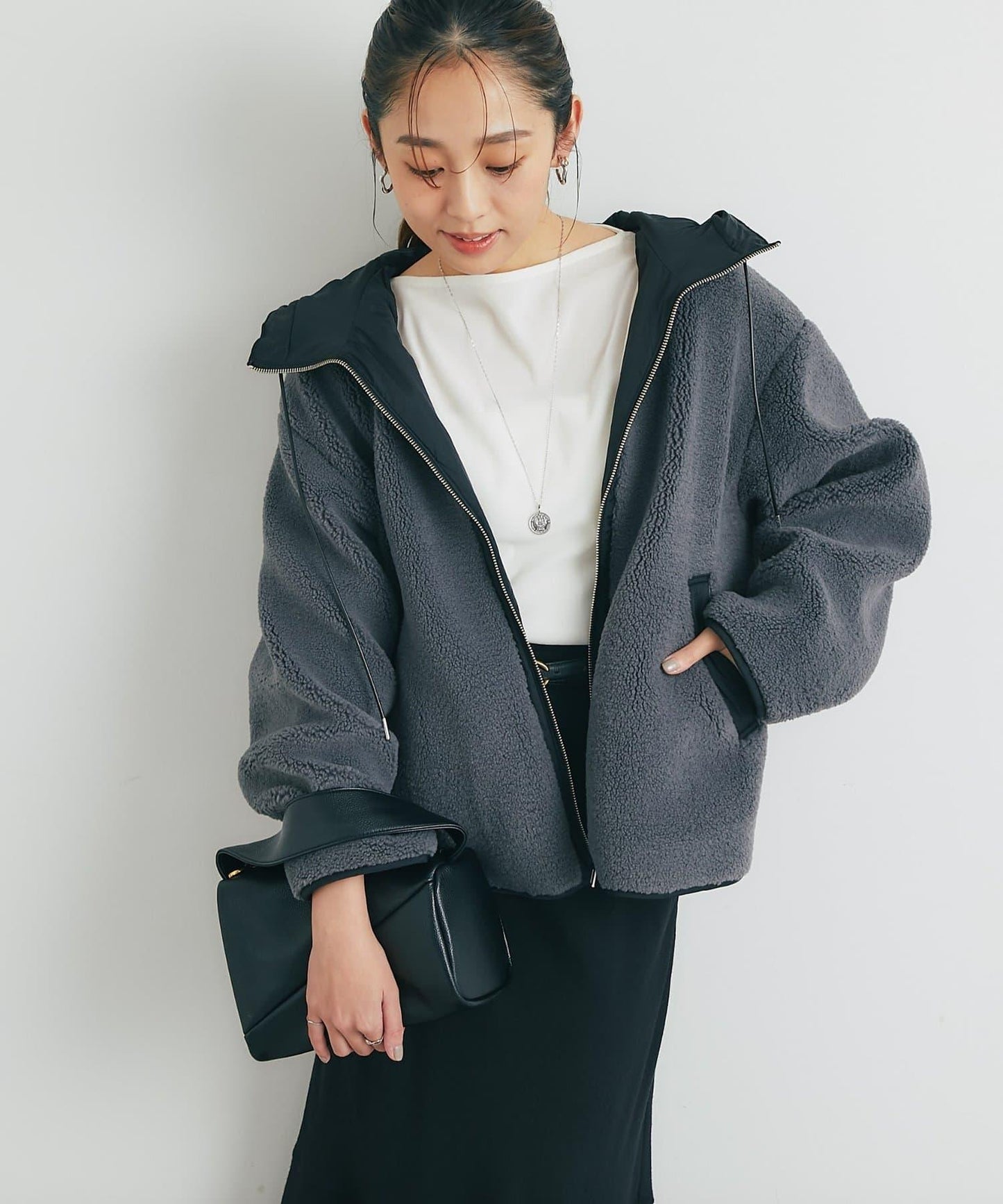 配色連帽羊羔絨大衣