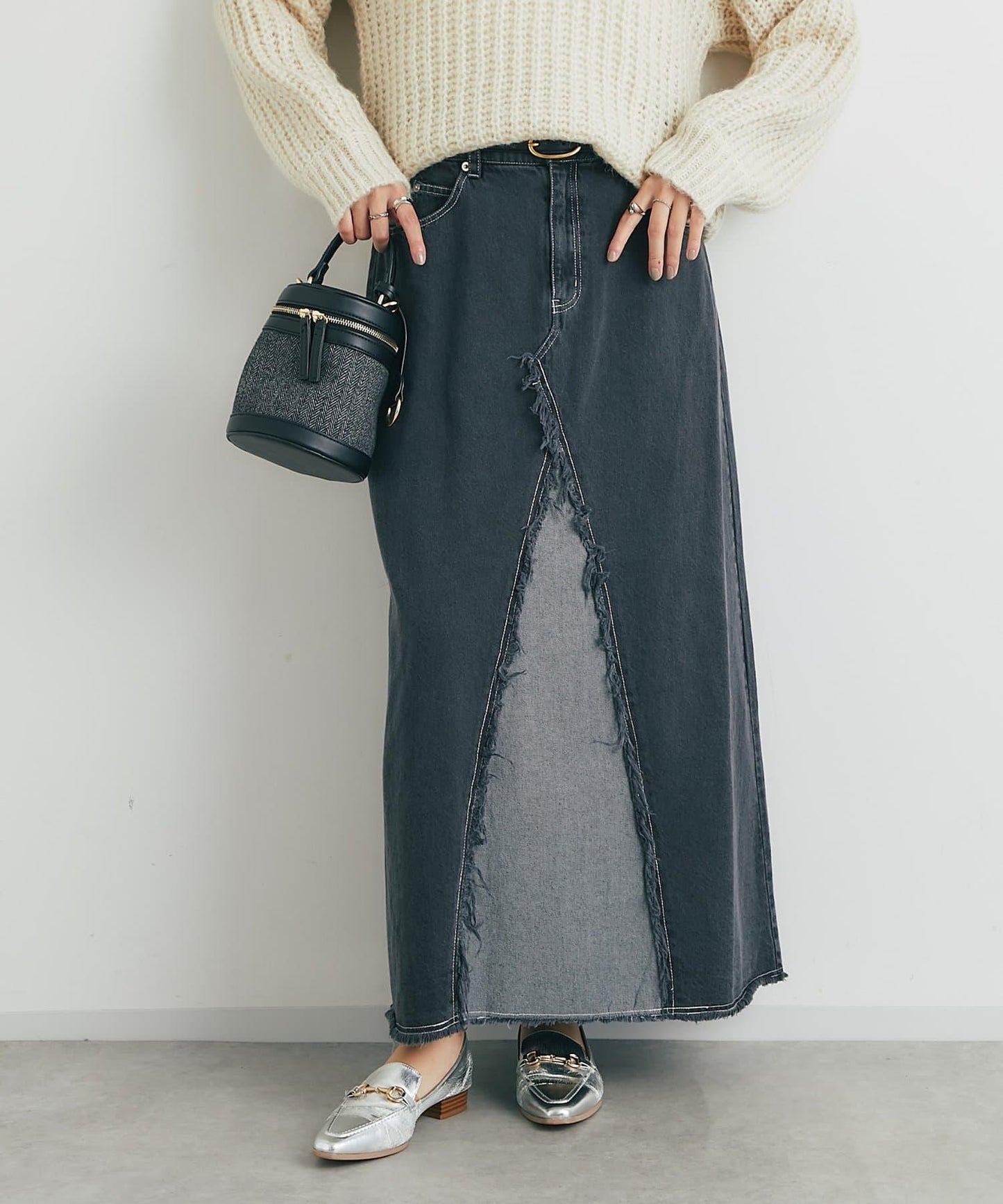 流蘇拼接牛仔喇叭裙