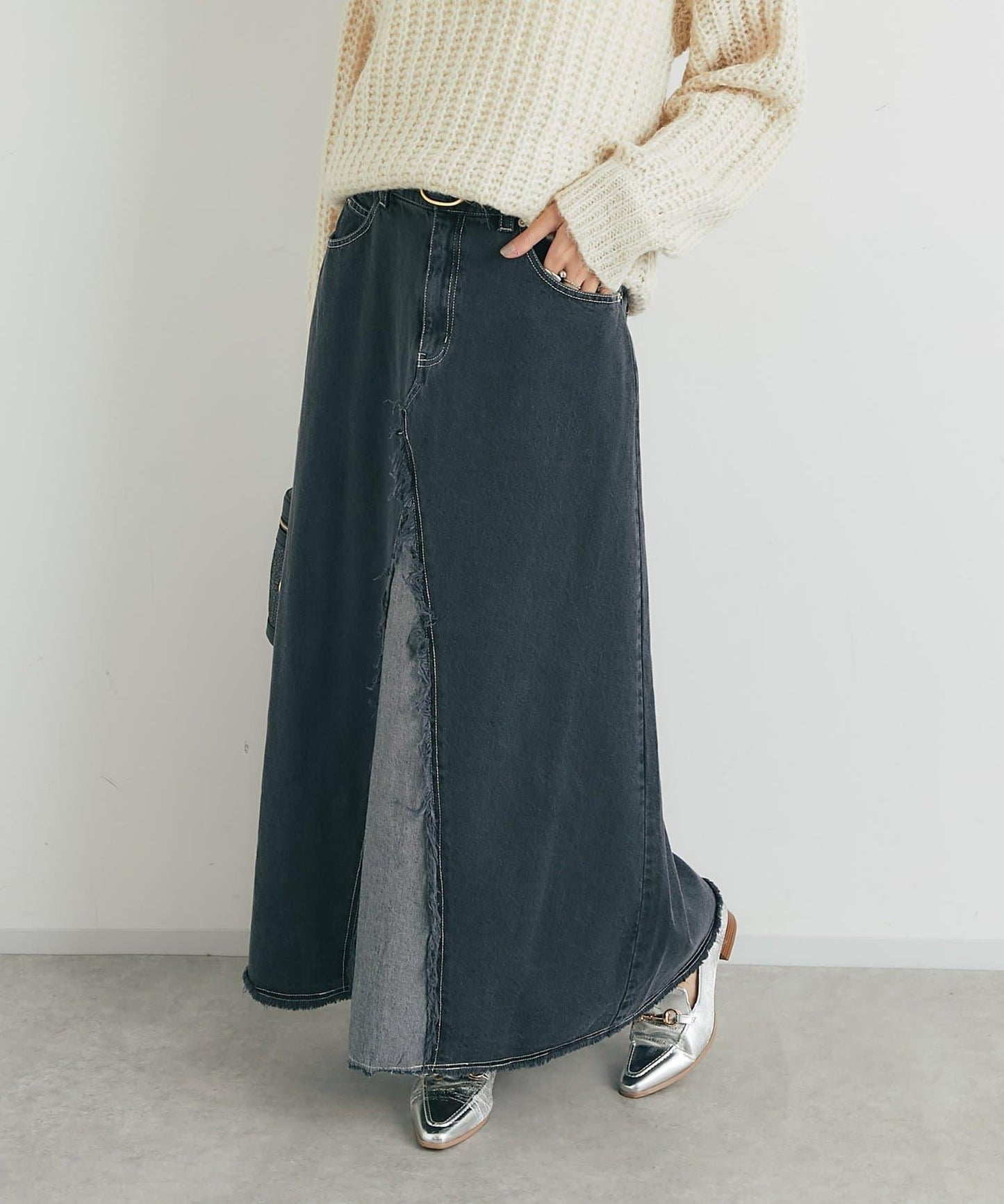 流蘇拼接牛仔喇叭裙