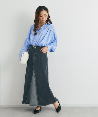 流蘇拼接牛仔喇叭裙