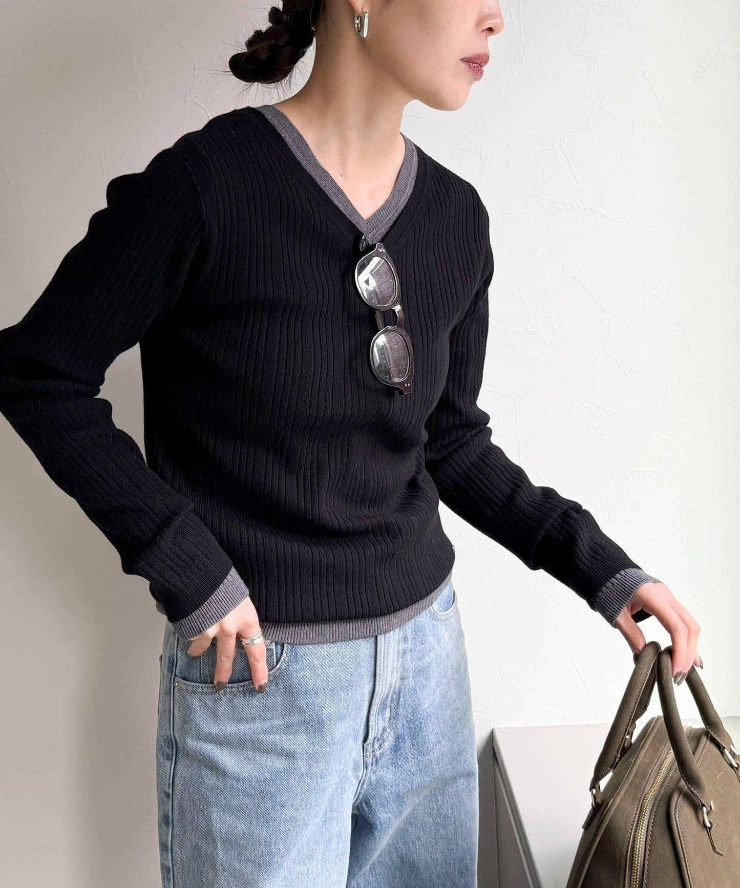 V領羅紋針織套頭衫