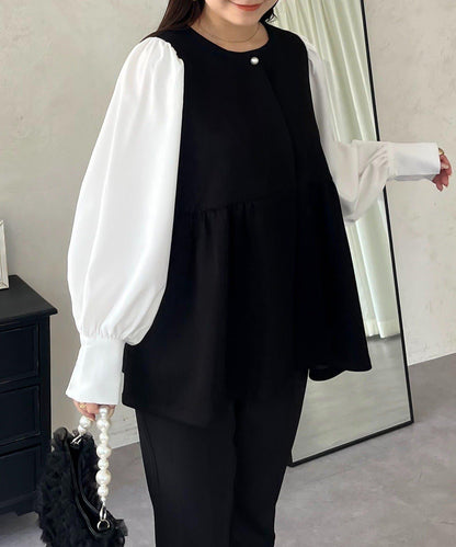 珍珠紐扣拼接荷葉邊上衣