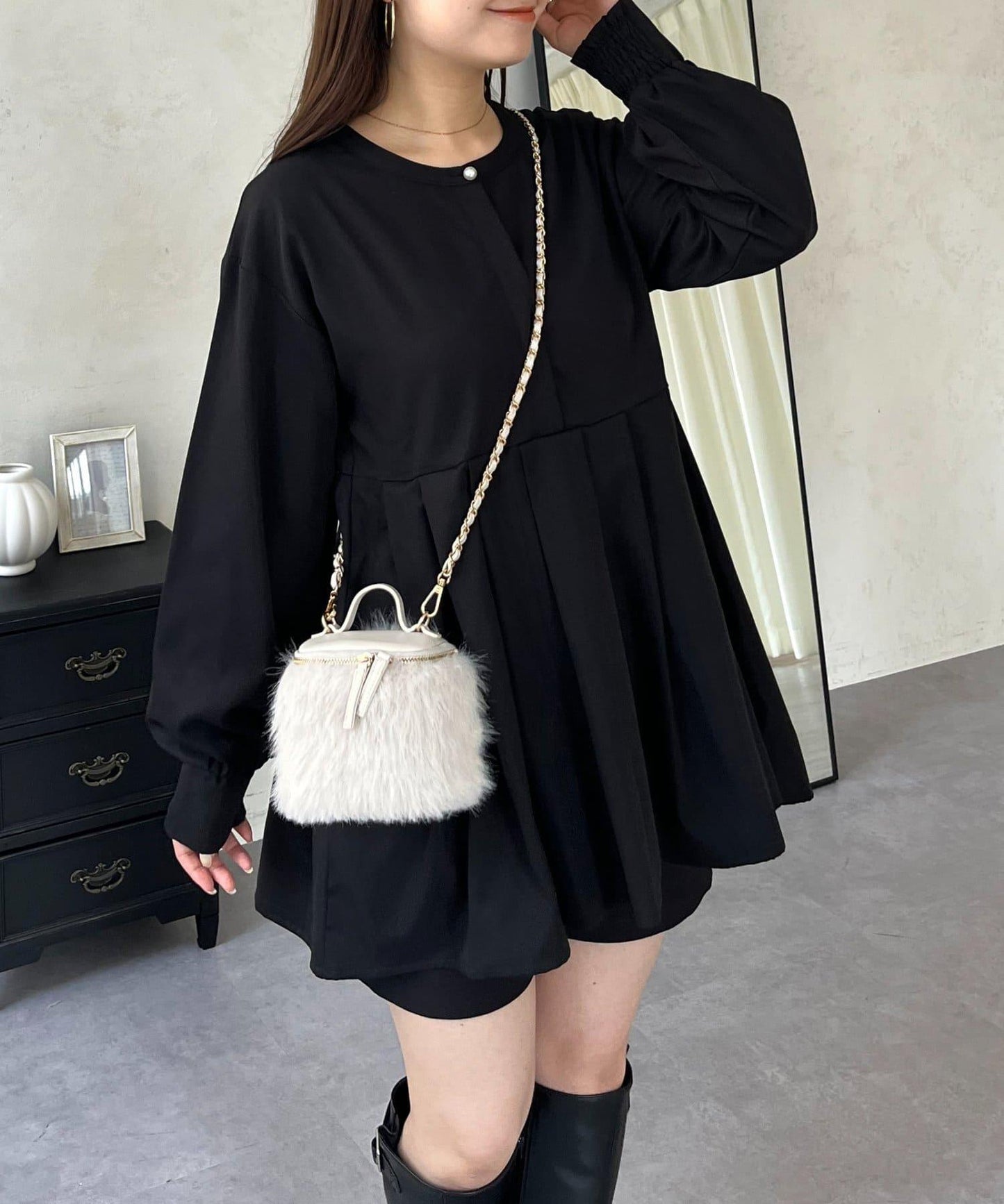 珍珠紐扣褶皺百褶荷葉邊上衣