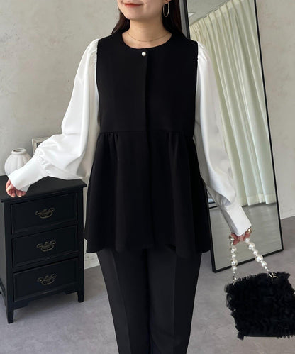 珍珠紐扣拼接荷葉邊上衣