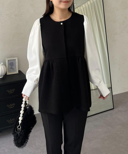 珍珠紐扣拼接荷葉邊上衣