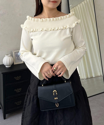 褶皺荷葉邊一字肩針織衫