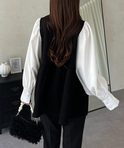 珍珠紐扣拼接荷葉邊上衣