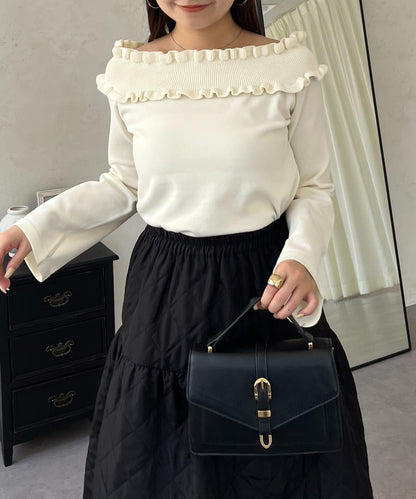 褶皺荷葉邊一字肩針織衫