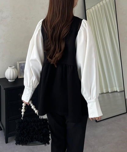 珍珠紐扣拼接荷葉邊上衣