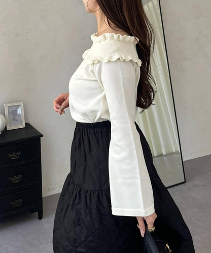 褶皺荷葉邊一字肩針織衫