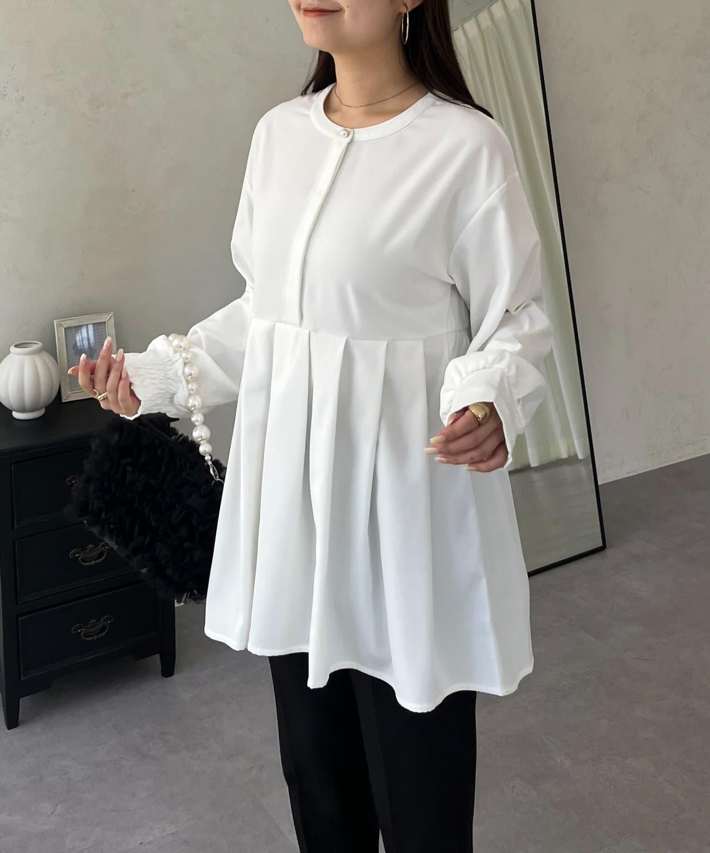 珍珠紐扣褶皺百褶荷葉邊上衣