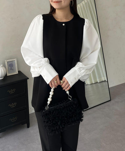 珍珠紐扣拼接荷葉邊上衣