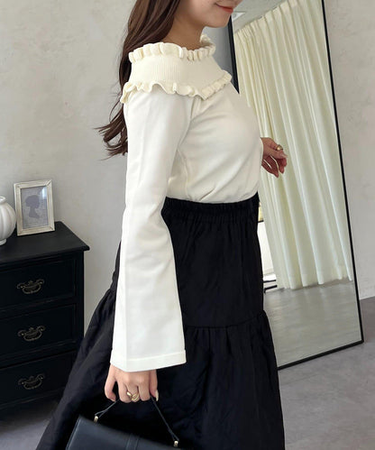 褶皺荷葉邊一字肩針織衫