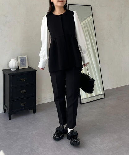 珍珠紐扣拼接荷葉邊上衣