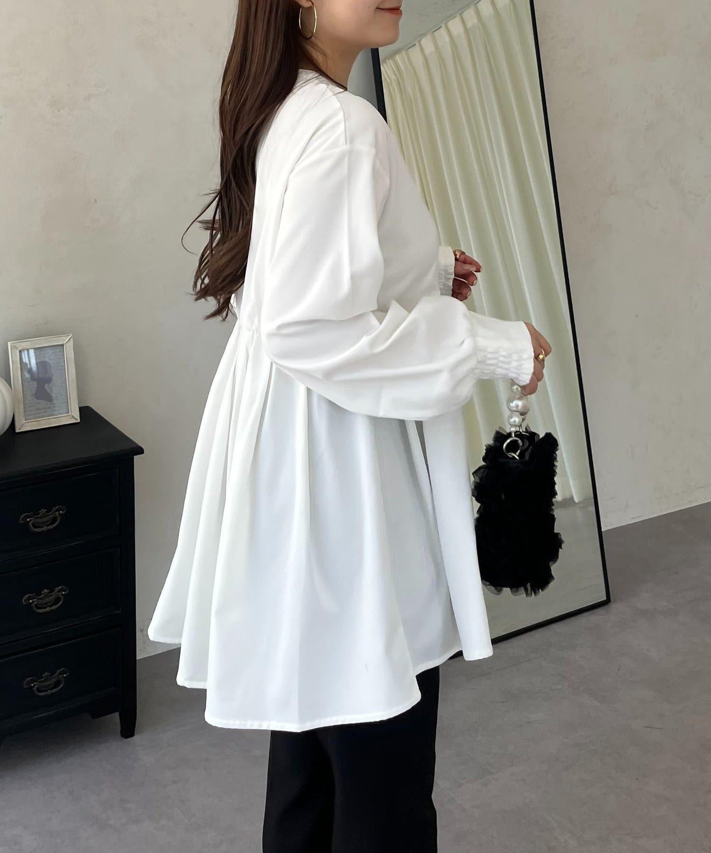 珍珠紐扣褶皺百褶荷葉邊上衣