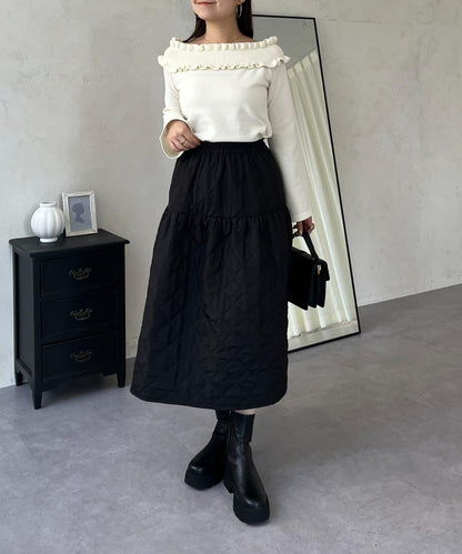 褶皺荷葉邊一字肩針織衫