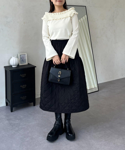 褶皺荷葉邊一字肩針織衫