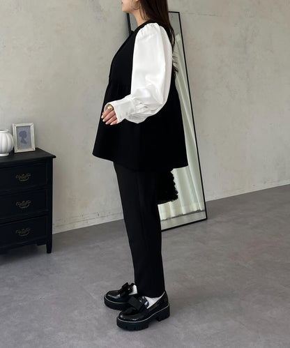 珍珠紐扣拼接荷葉邊上衣