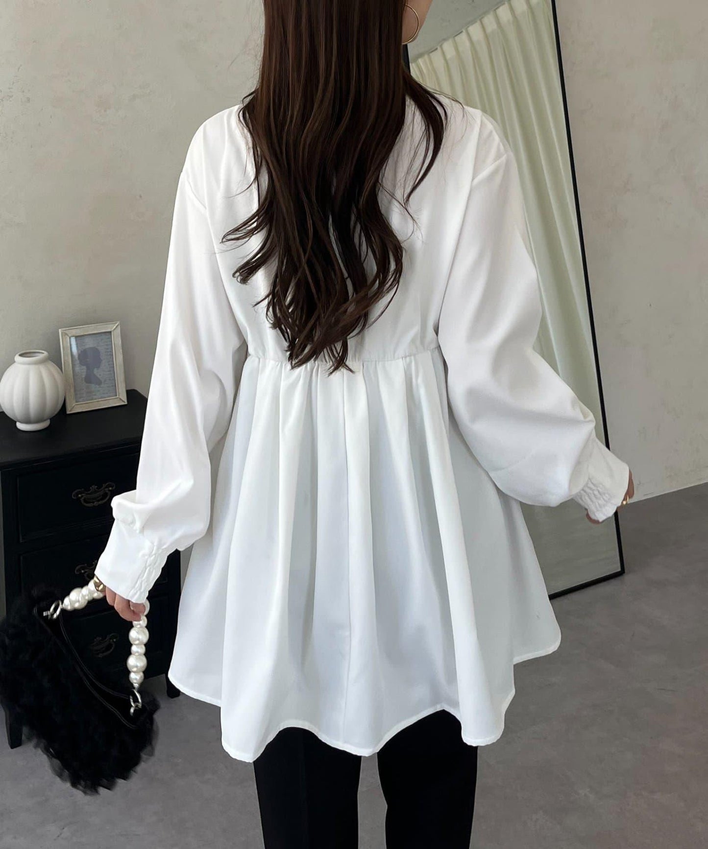 珍珠紐扣褶皺百褶荷葉邊上衣