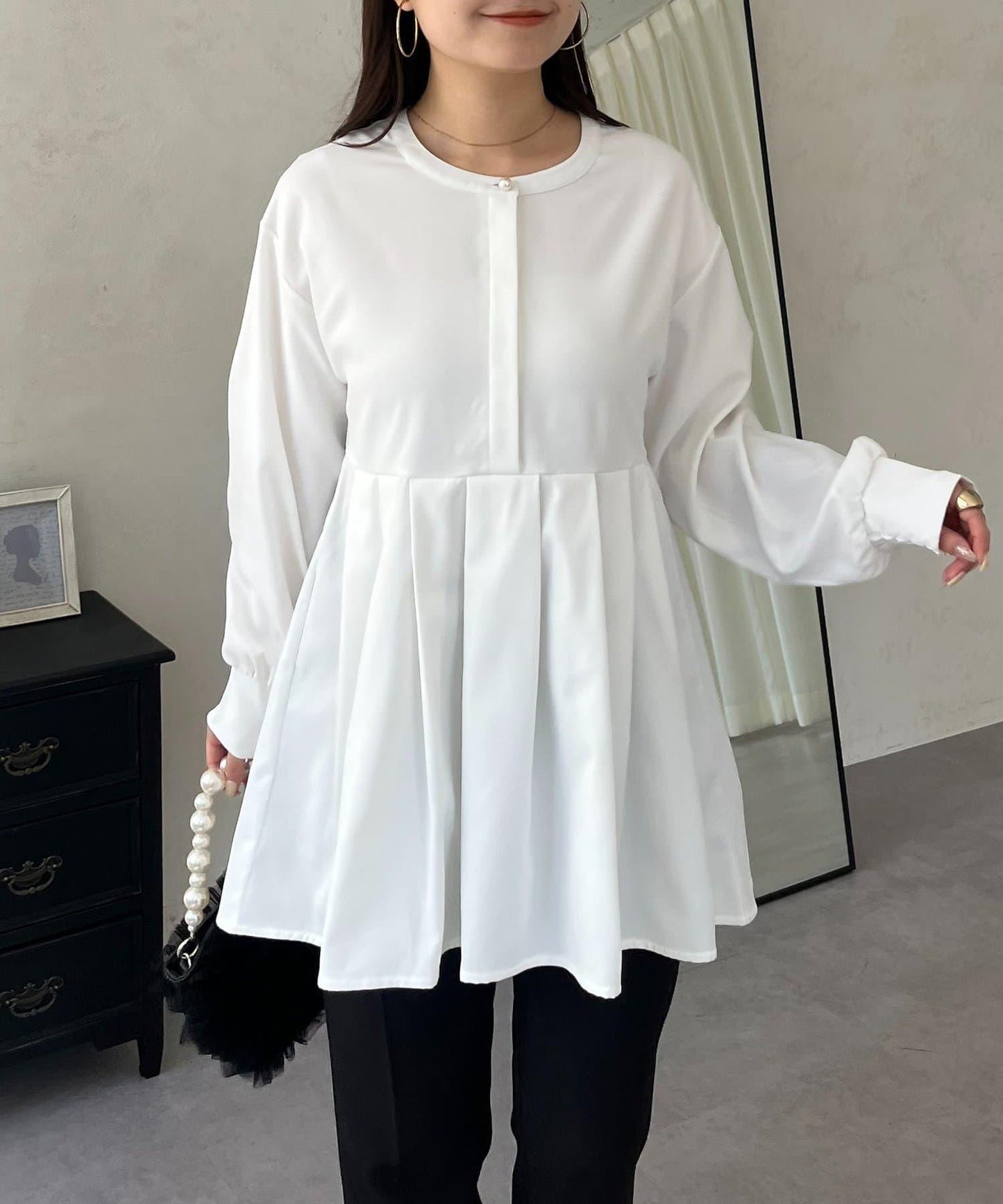 珍珠紐扣褶皺百褶荷葉邊上衣