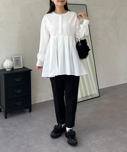 珍珠紐扣褶皺百褶荷葉邊上衣