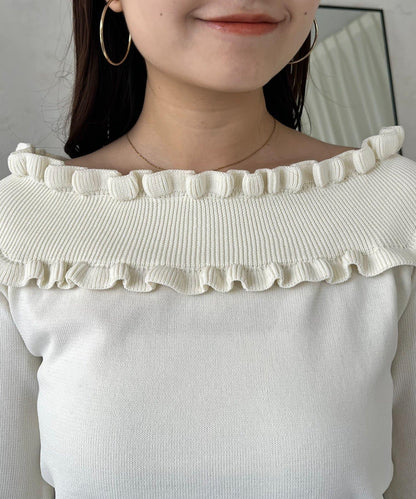褶皺荷葉邊一字肩針織衫