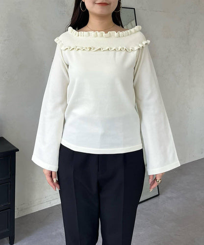 褶皺荷葉邊一字肩針織衫