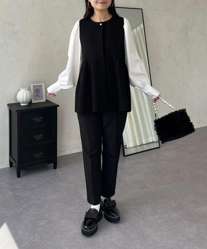 珍珠紐扣拼接荷葉邊上衣