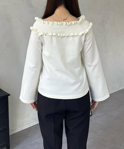 褶皺荷葉邊一字肩針織衫