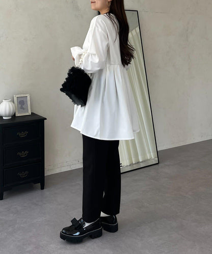 珍珠紐扣褶皺百褶荷葉邊上衣