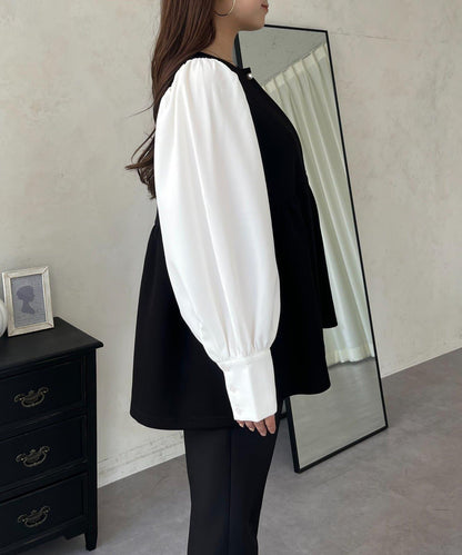 珍珠紐扣拼接荷葉邊上衣