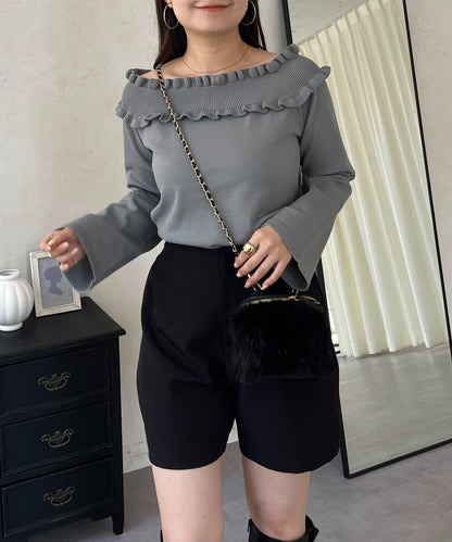 褶皺荷葉邊一字肩針織衫