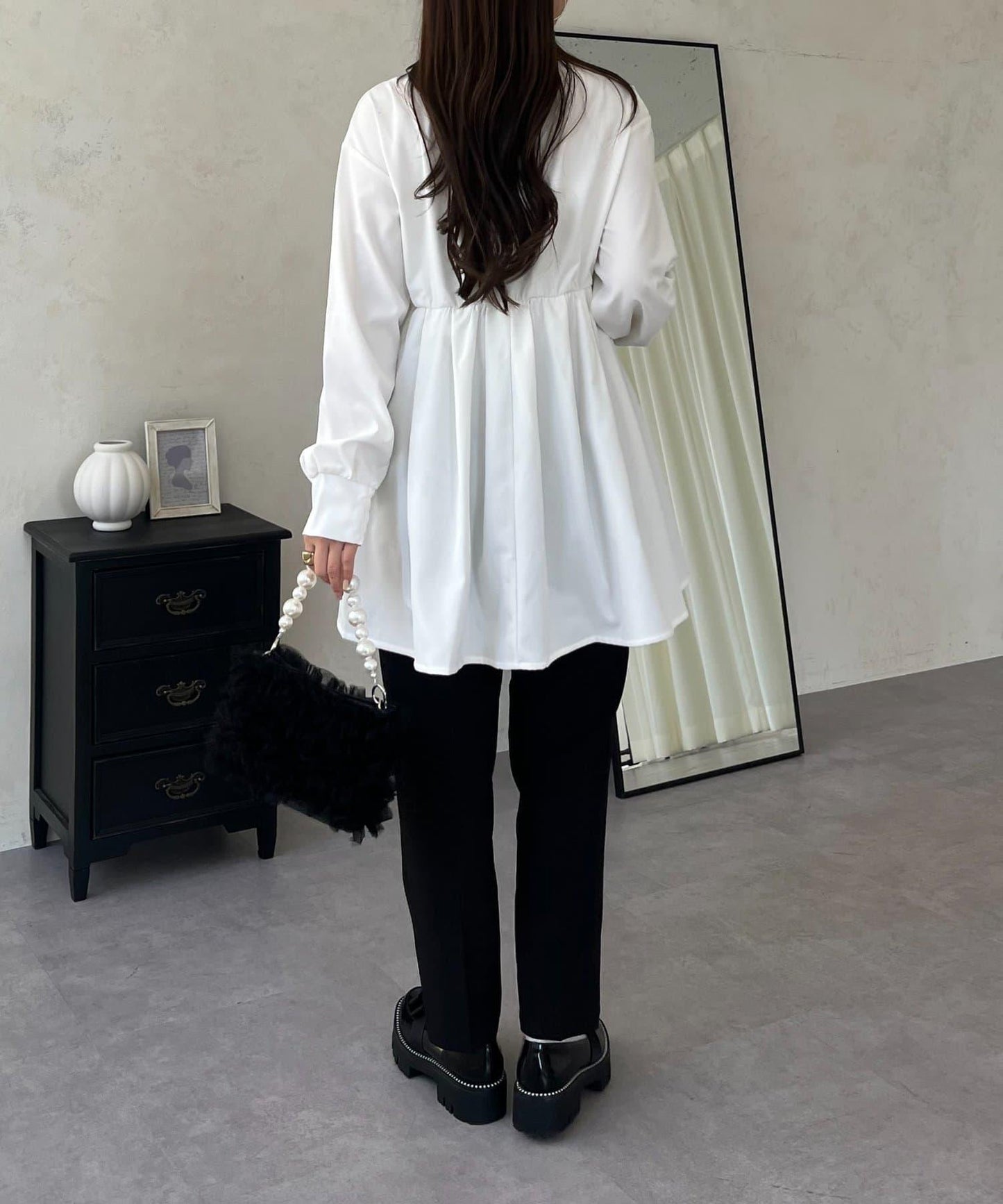 珍珠紐扣褶皺百褶荷葉邊上衣