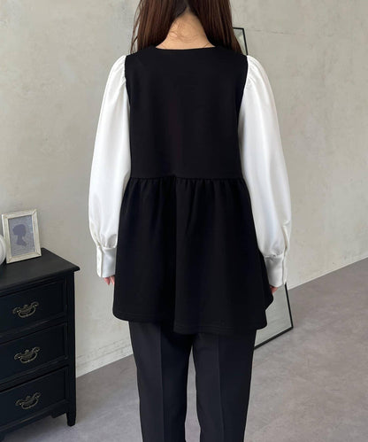 珍珠紐扣拼接荷葉邊上衣