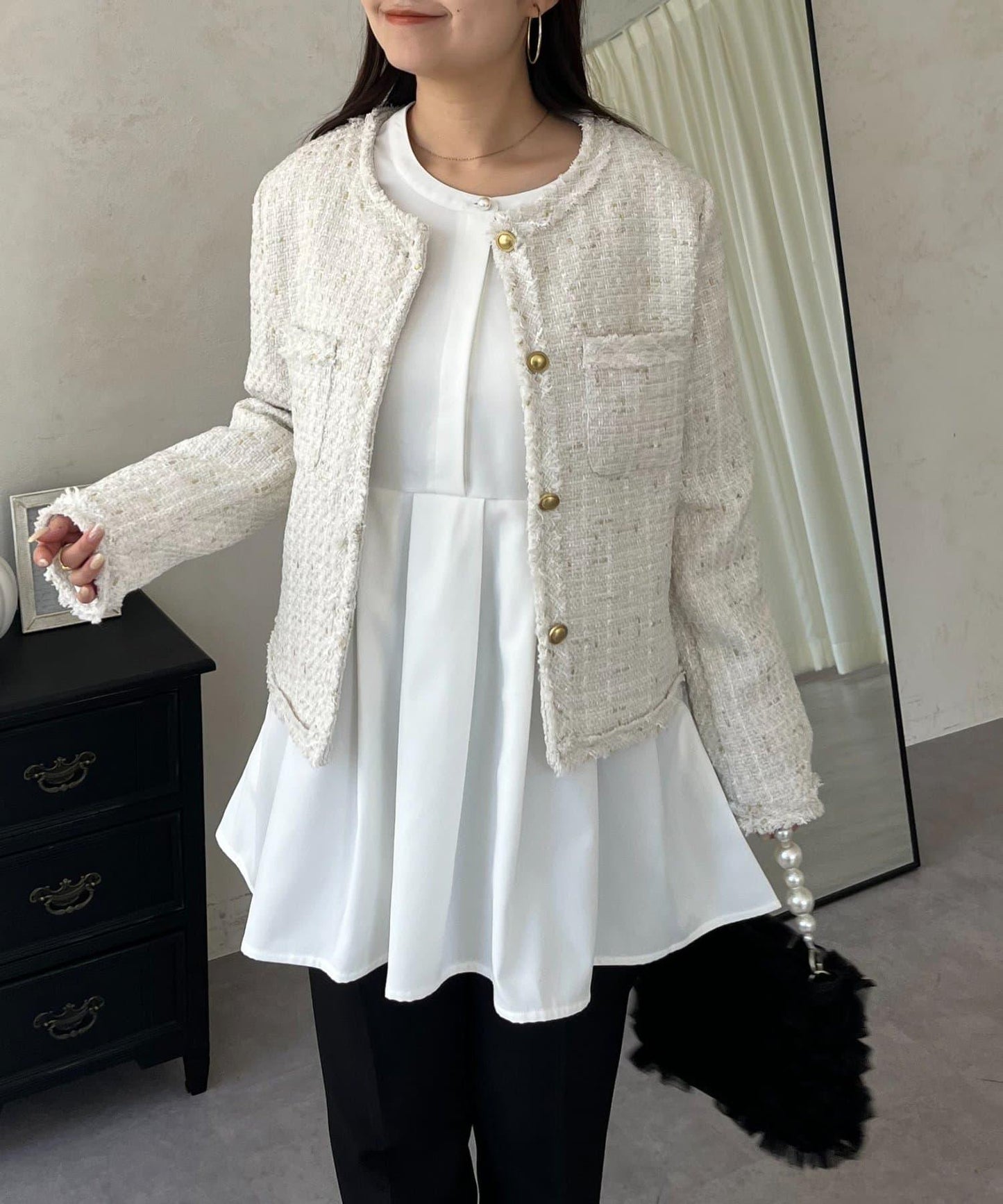 珍珠紐扣褶皺百褶荷葉邊上衣