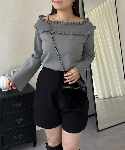 褶皺荷葉邊一字肩針織衫