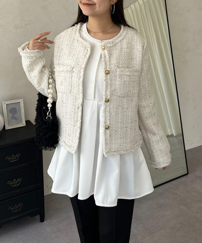 珍珠紐扣褶皺百褶荷葉邊上衣