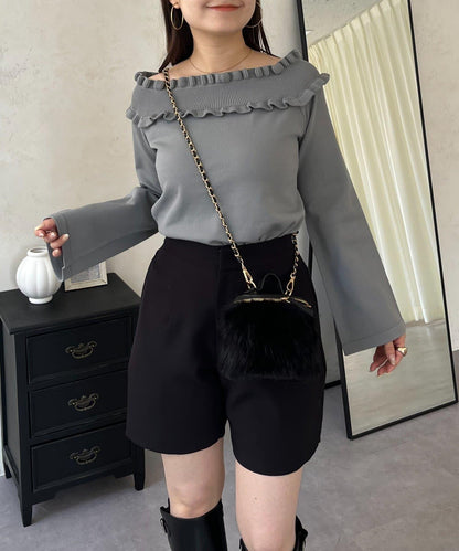 褶皺荷葉邊一字肩針織衫